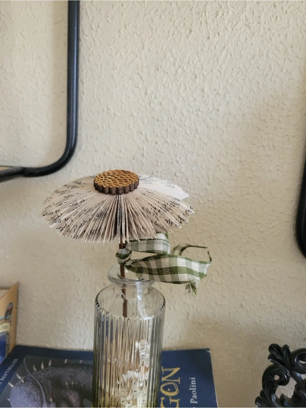 Handmade Paper Flower with beautiful ribbed vase and Green Gingham Bow